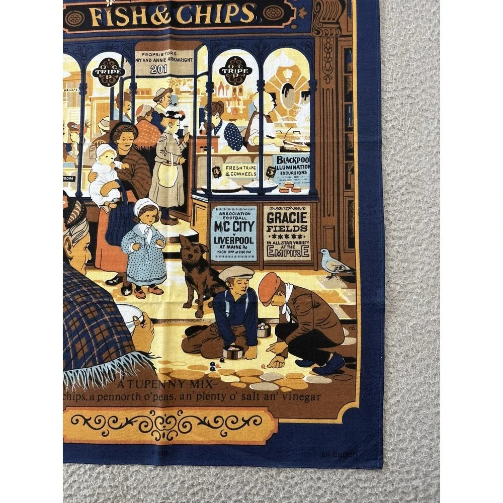 Vintage Fish & Chips Victorian Shop Tea Towel MCM 100% Cotton Kitchen Cat